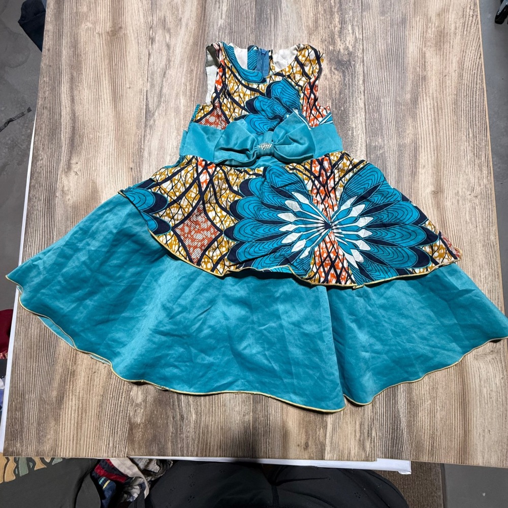 Handmade Toddler Girls African Print Tiered Party Dress Size 3T Teal Boho Bow